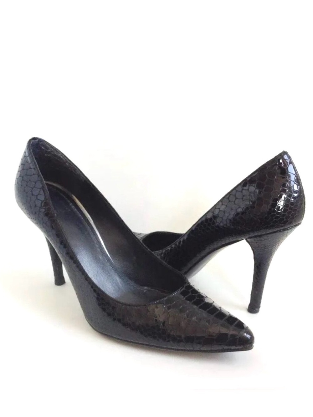Stuart Weitzman Power 85 Black Snake Embossed Leather Pointed Stiletto Heels 8.5